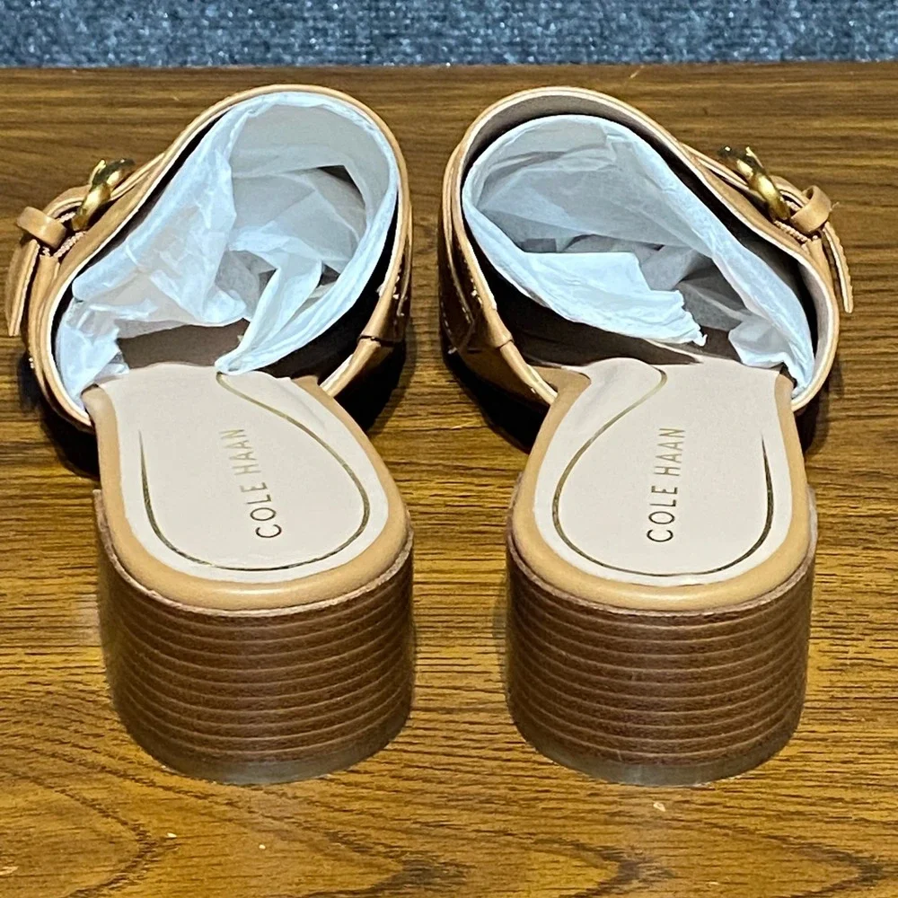 Cole Haan Crosby Slide Leather Sandal Women 10.5B‎ Tan Block Heel Gold Buckle
